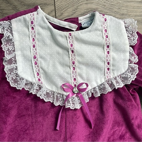 Vintage Precious Originals Fuchsia Velour Lace 24m Baby Coverall Romper - Picture 3 of 7